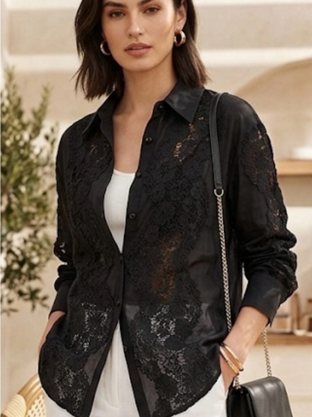 Stunning Black Button-Down Shirt with Intricate Floral Lace